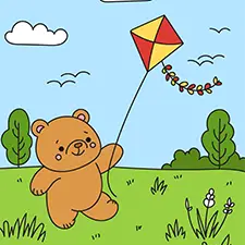 Bear Flying A Kite Coloring Page