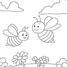 Bees Buzzing Around Flowers Coloring Page