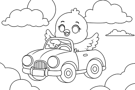 Bird Driving A Flying Car Coloring Page