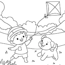 Boy and Dog Flying A Kite Coloring Page