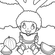 Boy Eating Watermelon Coloring Page Black & White