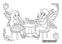 boy and girl fairies sitting at a table having a tea party and eating cake