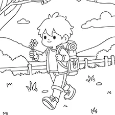 Boy Hiking In The Forest Coloring Page