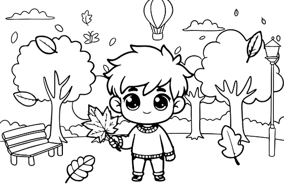 Boy With A Maple Leaf Coloring Page Black & White