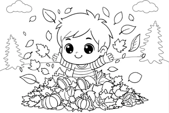 Boy In A Pile Of Leaves Coloring Page Black & White