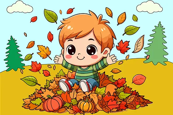 Boy In A Pile Of Leaves Coloring Page