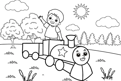 Boy On A Red Train Coloring Page Black & White