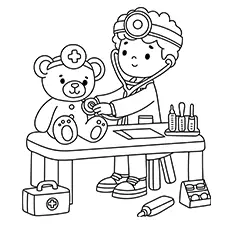 Boy Treating A Bear Stuffed Toy Coloring Page