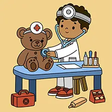 Boy Treating A Bear Stuffed Toy Coloring Page