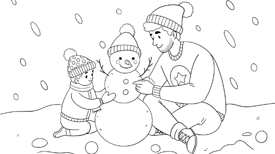 Dad And Child Building A Snowman Coloring Page