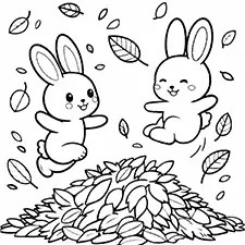 Bunnies Playing In A Piles Of Leaves Coloring Page Black & White