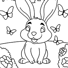 Bunny In A Flower Garden Coloring Page Black & White