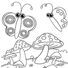 Butterflies In A Field Of Mushroom Coloring Page Black & White