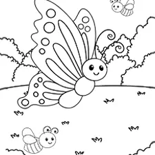 Butterfly & Bees Coloring Page Black & White