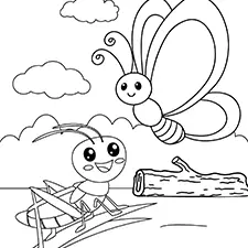 Butterfly & Grasshopper Coloring Page Black & White