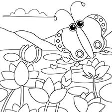 Butterfly On Lotus Flowers Coloring Page Black & White