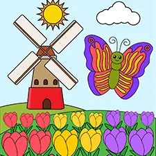 Butterfly In A Field Of Tulips Coloring Page