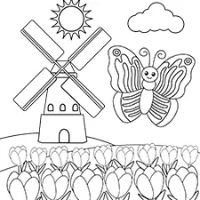 Butterfly In A Field Of Tulips Coloring Page Black & White