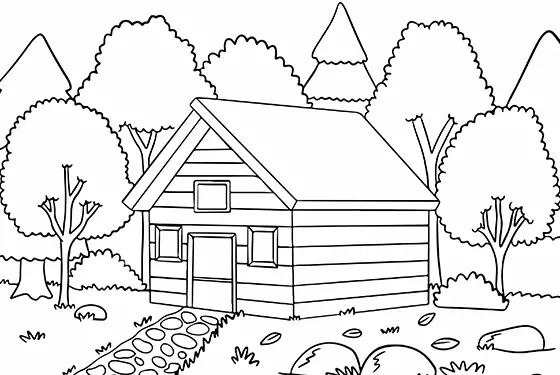 Cabin In An Autumn Forest Coloring Page Black & White