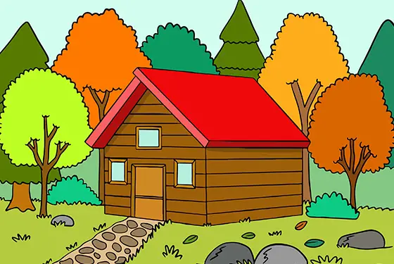 Cabin In An Autumn Forest Coloring Page