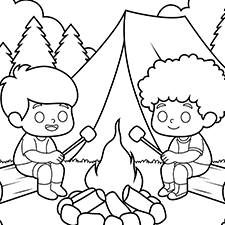 Kids Roasting Marshmallows On A Camp Fire Coloring Page Black & White