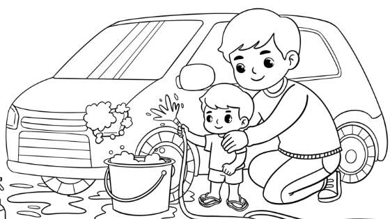 Dad And Child Washing Car Coloring Page