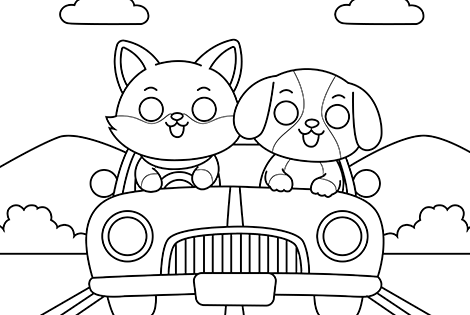 Cat And Dog In The Car Coloring Page