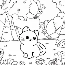 Cat & Butterflies Coloring Page Black & White