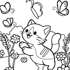 Cat With Butterflies Coloring Page Black & White