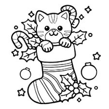 Cat In A Christmas Stocking Coloring Page Black & White