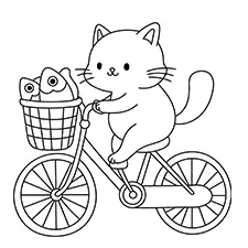 Cat With Fish On A Bicycle Coloring Page