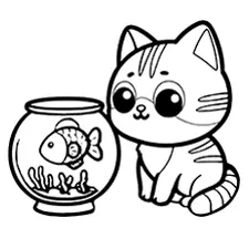 Cat & Fishbowl Coloring Page Black & White