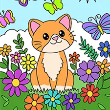 Cat In A Flower Garden Colouring Page