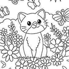 Cat In A Flower Garden Coloring Page Black & White