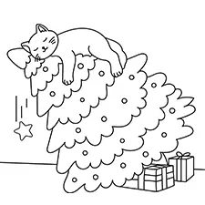 Cat Sleeping On A Christmas Tree Coloring Page