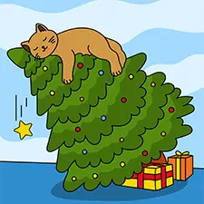 Cat Sleeping On A Christmas Tree Coloring Page