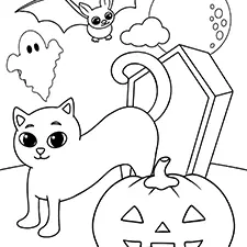 Cat & Tombstone Coloring Page Black & White