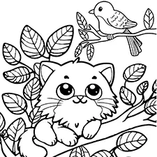 Cat On A Tree Branch Coloring Page Black & White