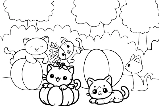 Cats & Pumpkins Coloring Page Black & White