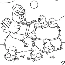 Chicken Reading A Book To Chicks Coloring Page