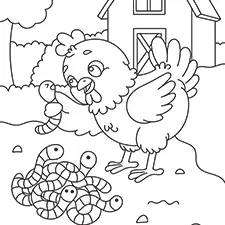 Chicken And Worms By The Barn Coloring Page