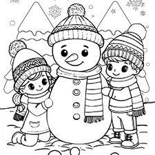 Children Building Snowman Coloring Page Black & White