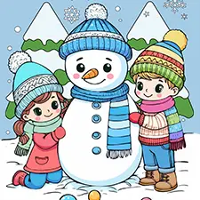 Children Building Snowman Coloring Page