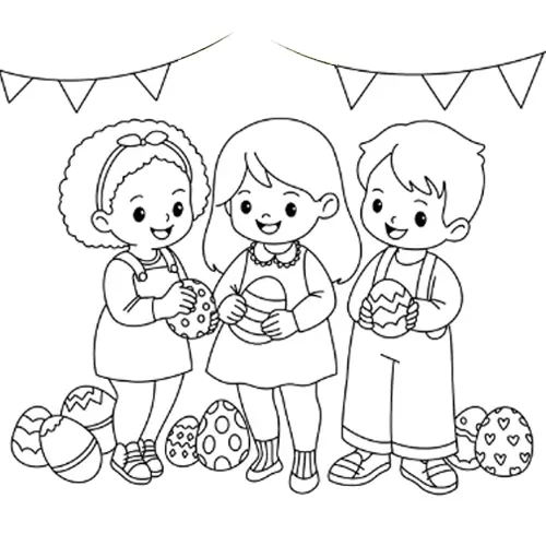 Children With Easter Eggs Coloring Page Black & White