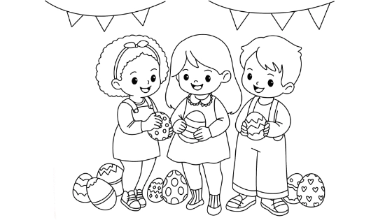 Children With Easter Eggs Coloring Page