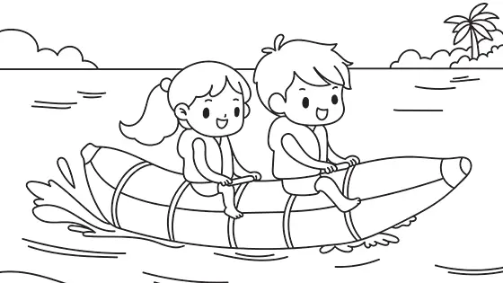 Children Riding A Banana Boat Coloring Page