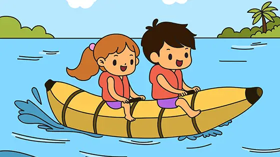 Children Riding A Banana Boat Coloring Page