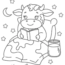 Cow Reading A Book In Bed Coloring Page