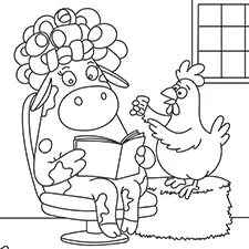 Cow At The Salon With A Chicken Coloring Page