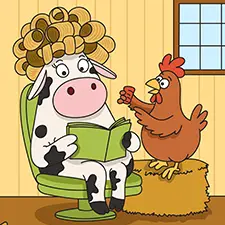 Cow At The Salon With A Chicken Coloring Page